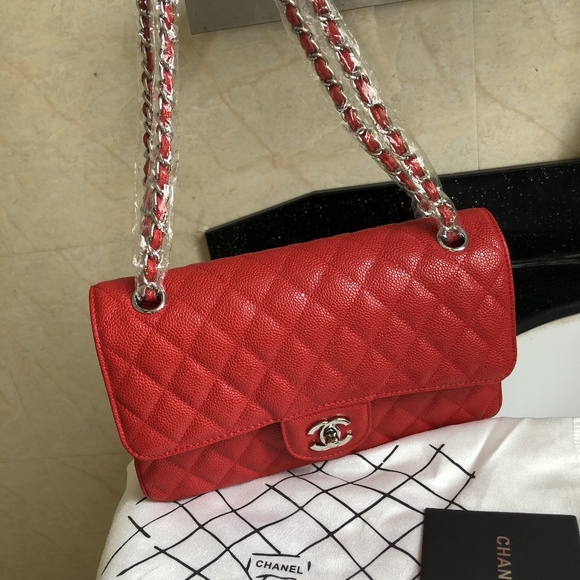 Crossbody bag red caviar silver chain cowhide